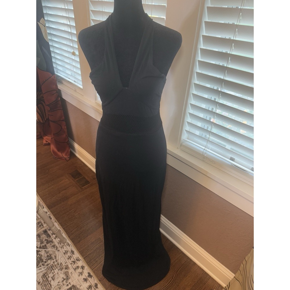 Bebe Ladies Black Halter Lined Maxi Dress W/ Mesh Cutouts & Deep V Neck. Sz S